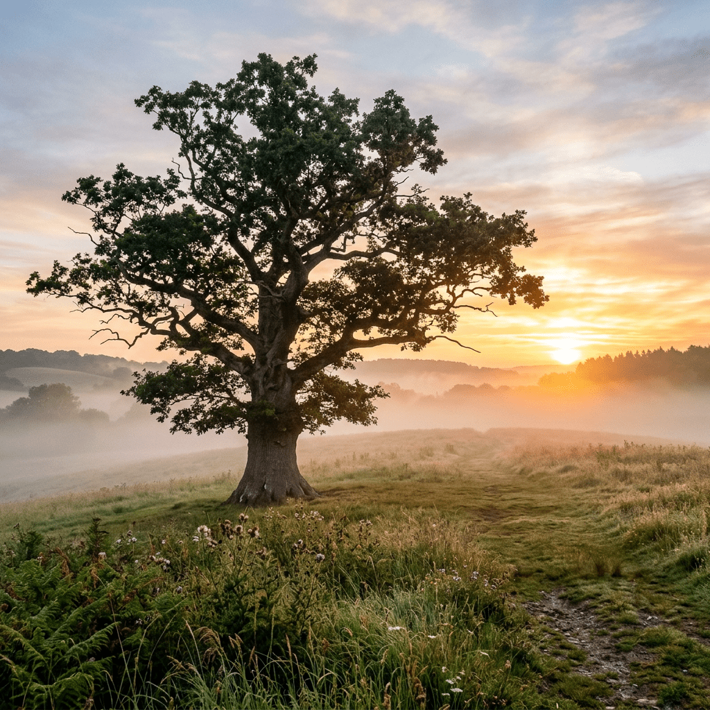 Strong tree at sunrise with misty field