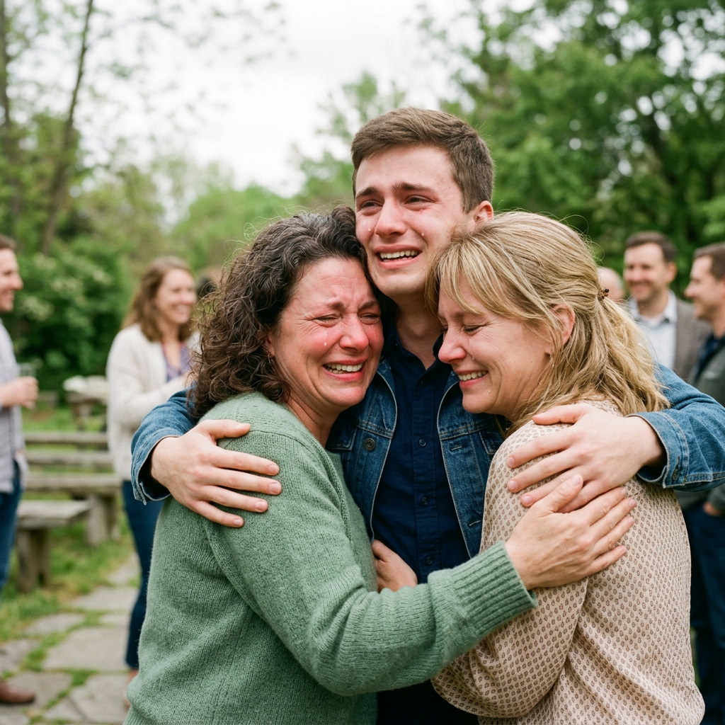 Three people emotionally hugging and crying outdoors surrounded by others