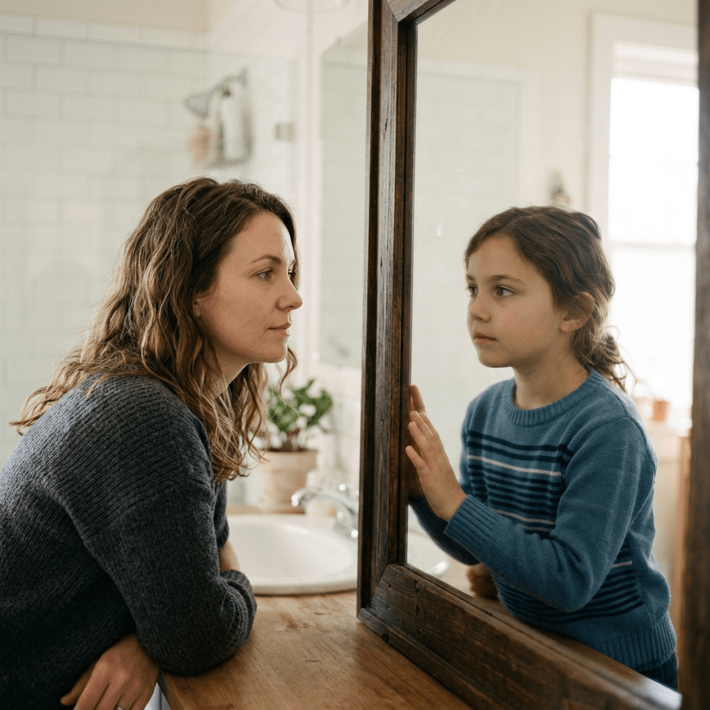 A woman looking at a young girl reflected in a bathroom mirror