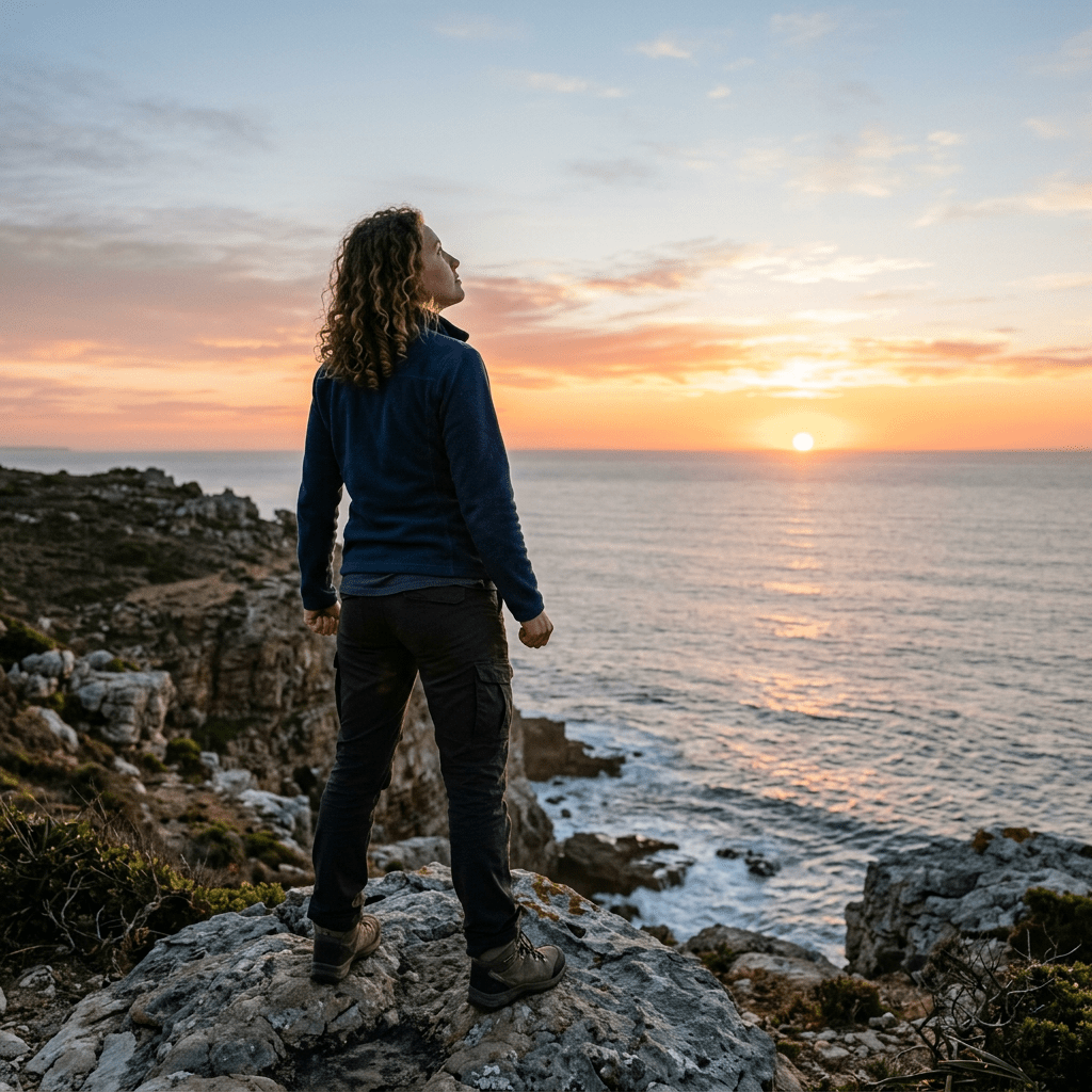 Hopeful sunrise over person standing strong