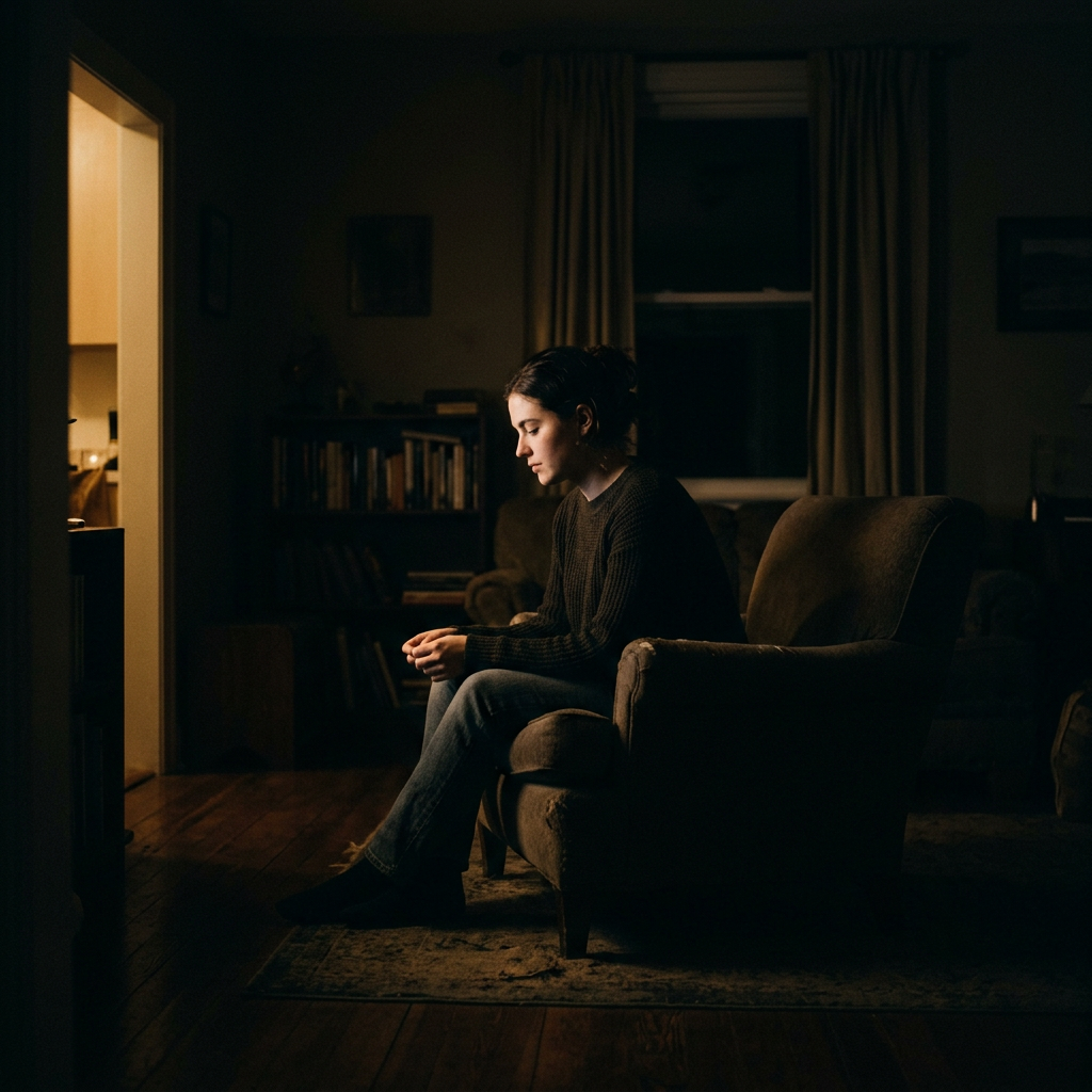 Woman sitting in an armchair with her hands clasped, looking contemplative in a dimly lit room