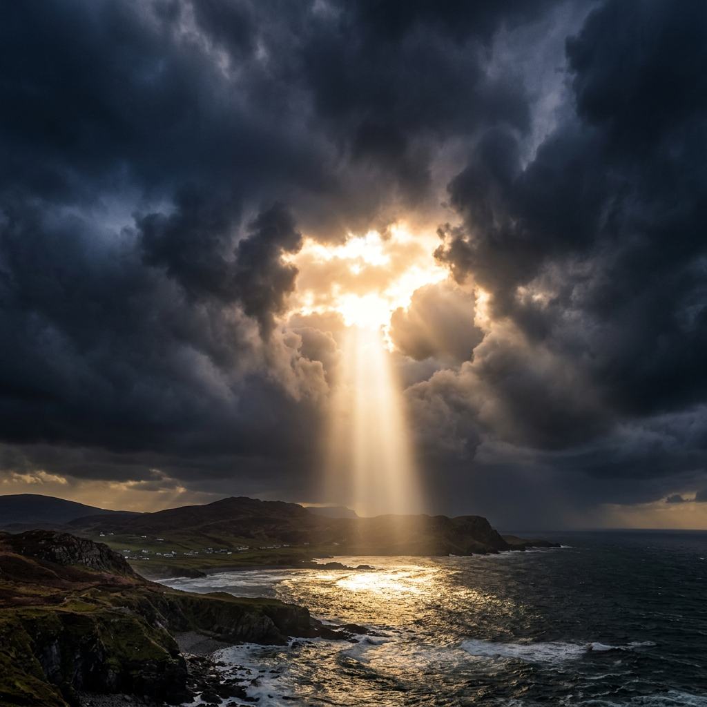 Sunlight streaming through gaps in storm clouds onto a rocky coastal landscape