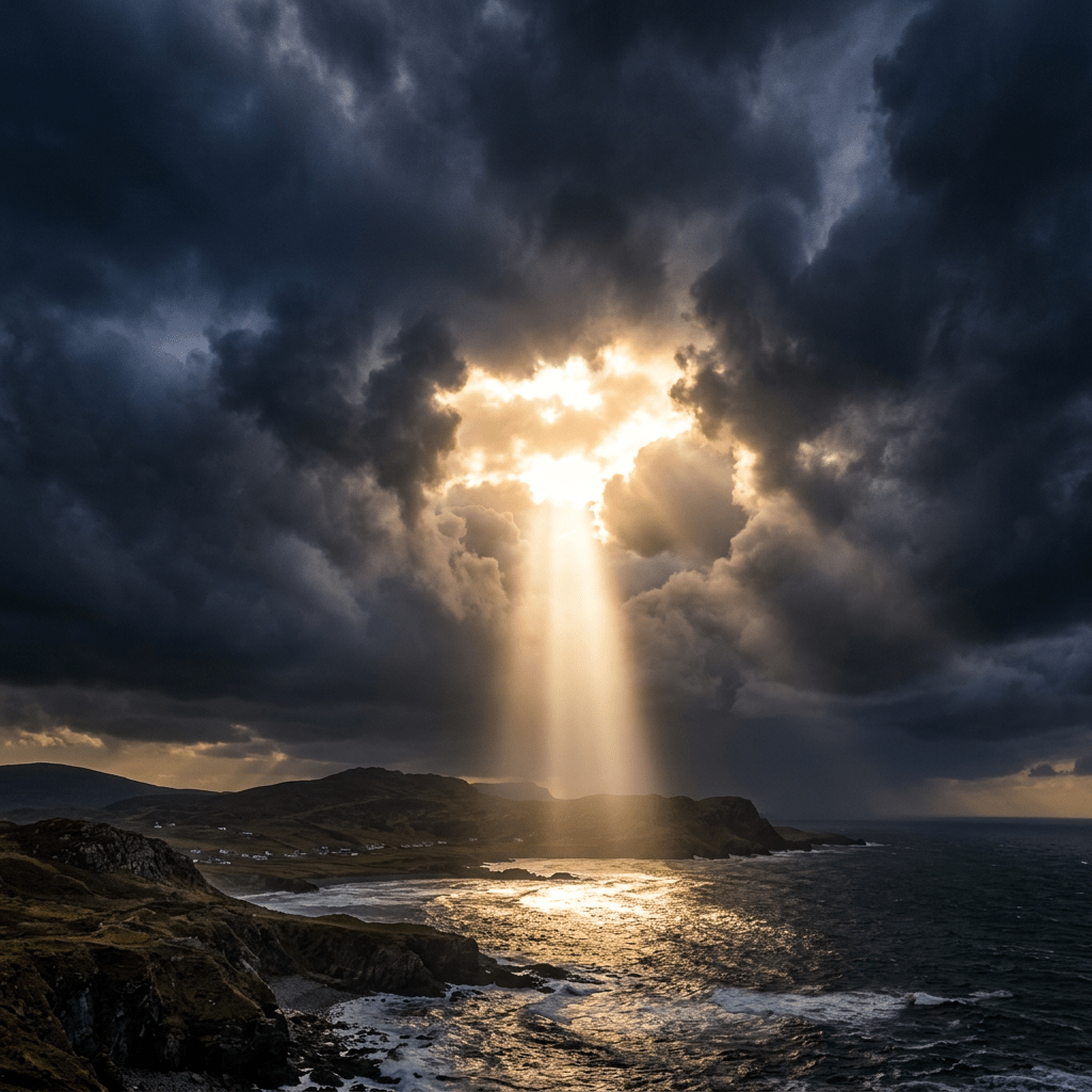 Sunlight streaming through gaps in storm clouds onto a rocky coastal landscape