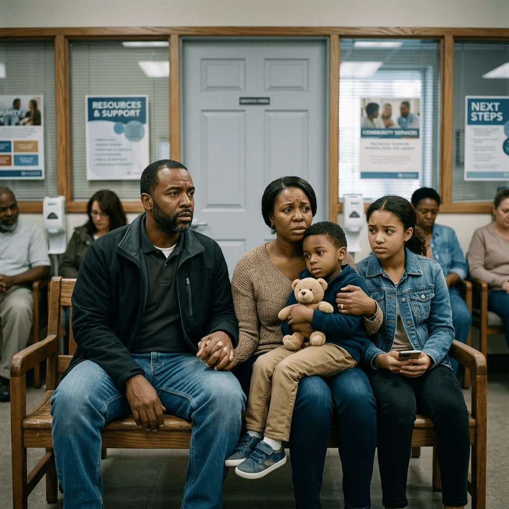Worried family of four sitting in a waiting room with informational posters