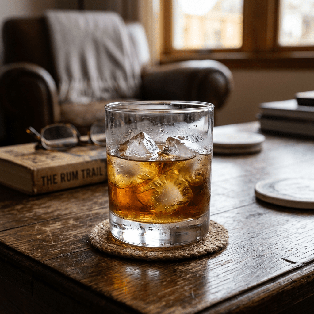 Glass of whiskey with ice cubes on a wooden table indoors