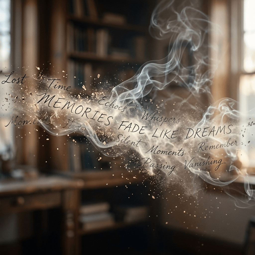 Words floating in smoke reading 'Memories fade like dreams' with other words about time and passing.