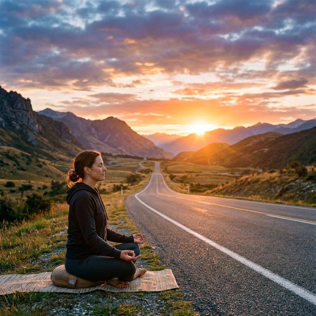 Woman sitting cross-legged meditating beside a road at sunrise