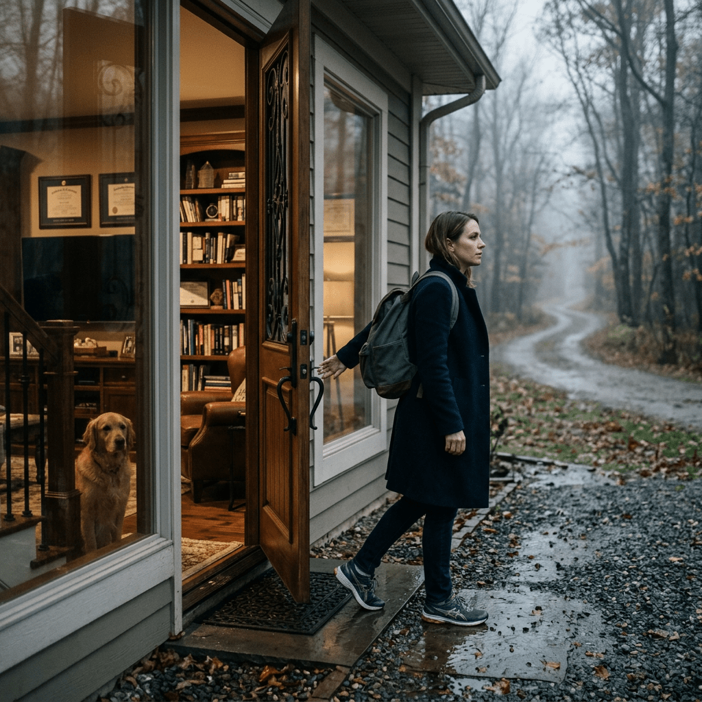 Woman with backpack stepping out of a house door on a misty gravel path with a dog inside looking out