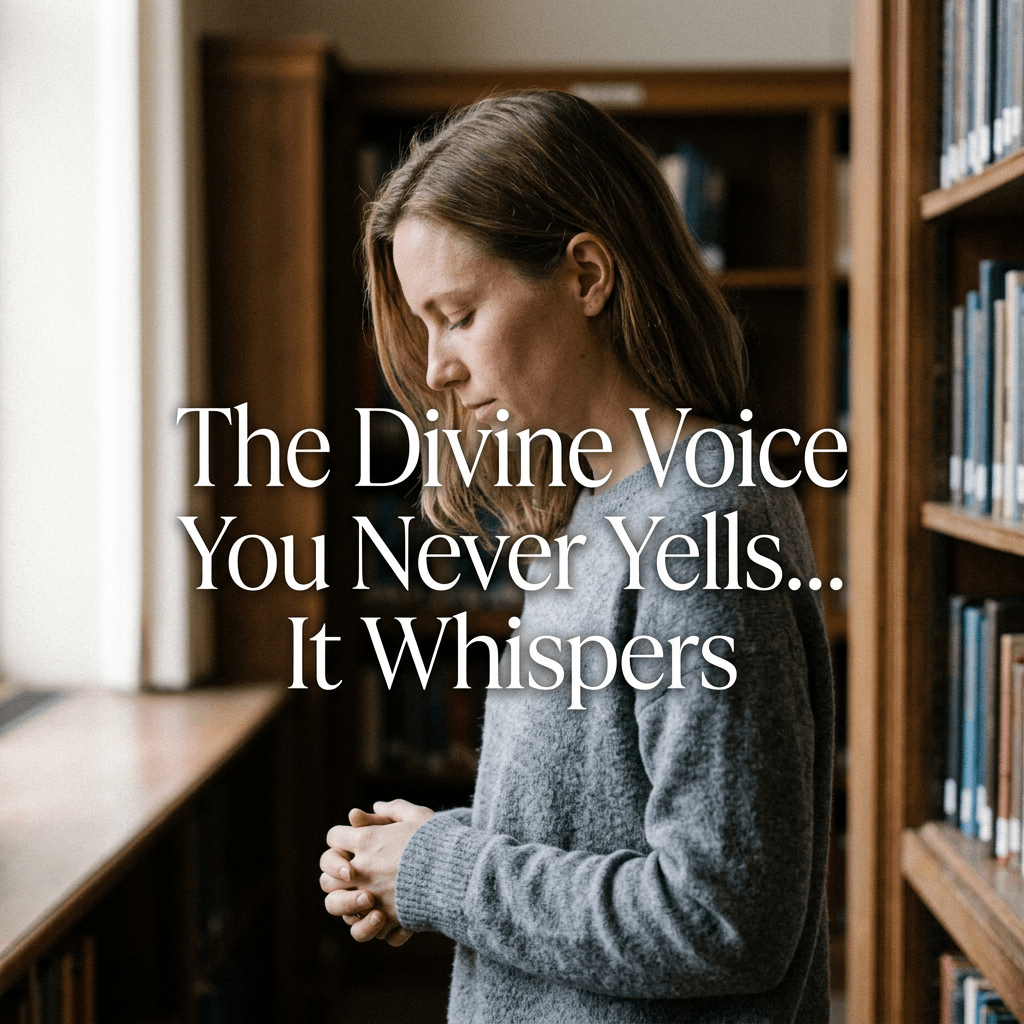 Woman in grey sweater standing thoughtfully in a library with text The Divine Voice You Never Yells... It Whispers