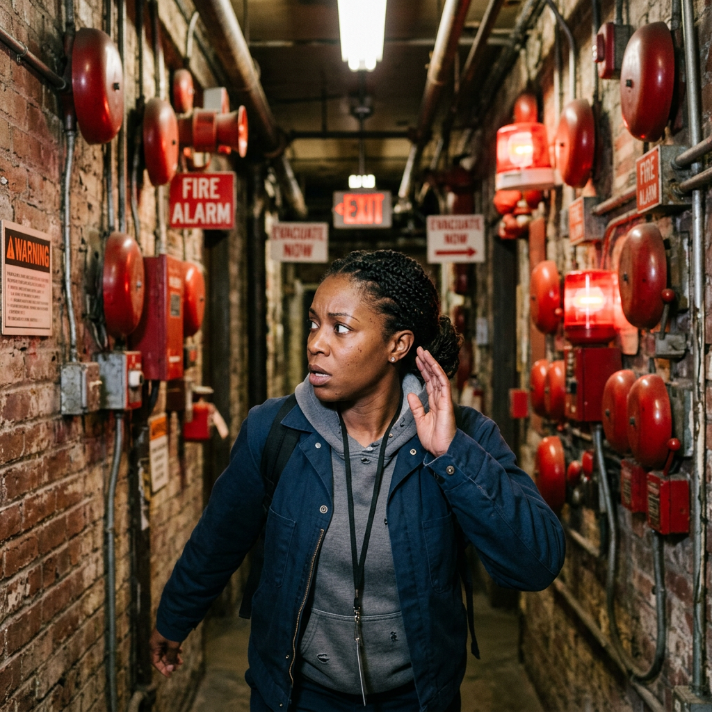 Woman in corridor with multiple red fire alarms and warning signs, appearing alert and cautious