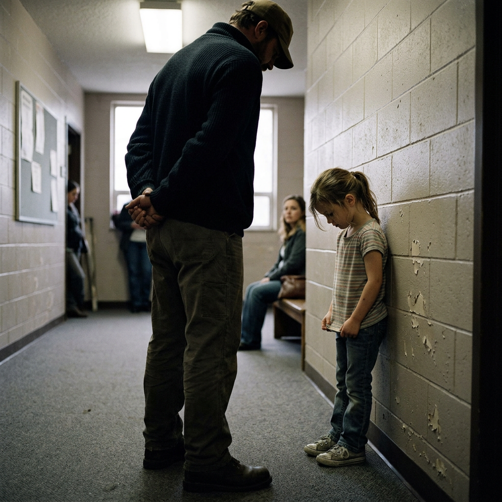 A young girl standing against a hallway wall looking down while an adult man faces her.