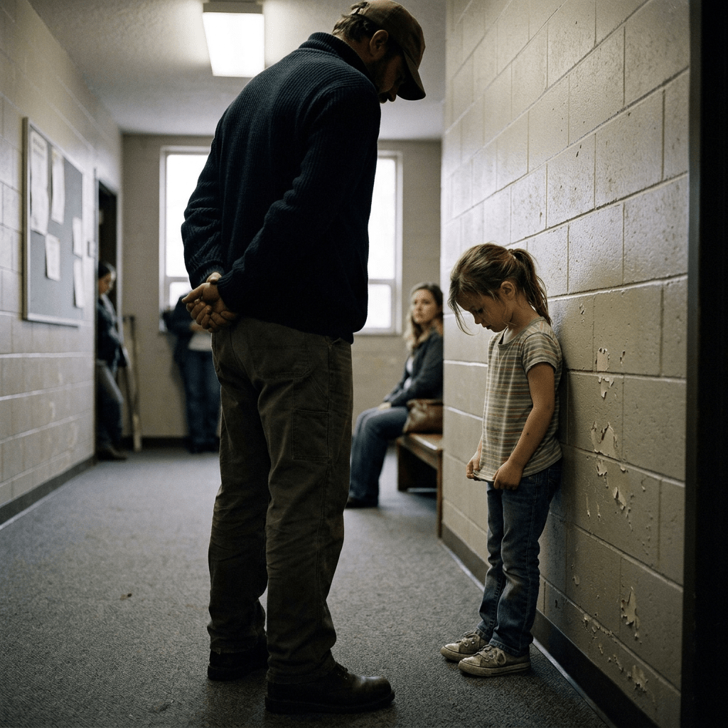 A young girl standing against a hallway wall looking down while an adult man faces her.