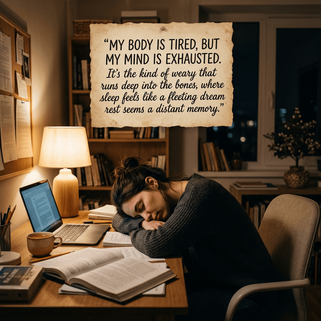 Student asleep at desk with open books, laptop, and lamp