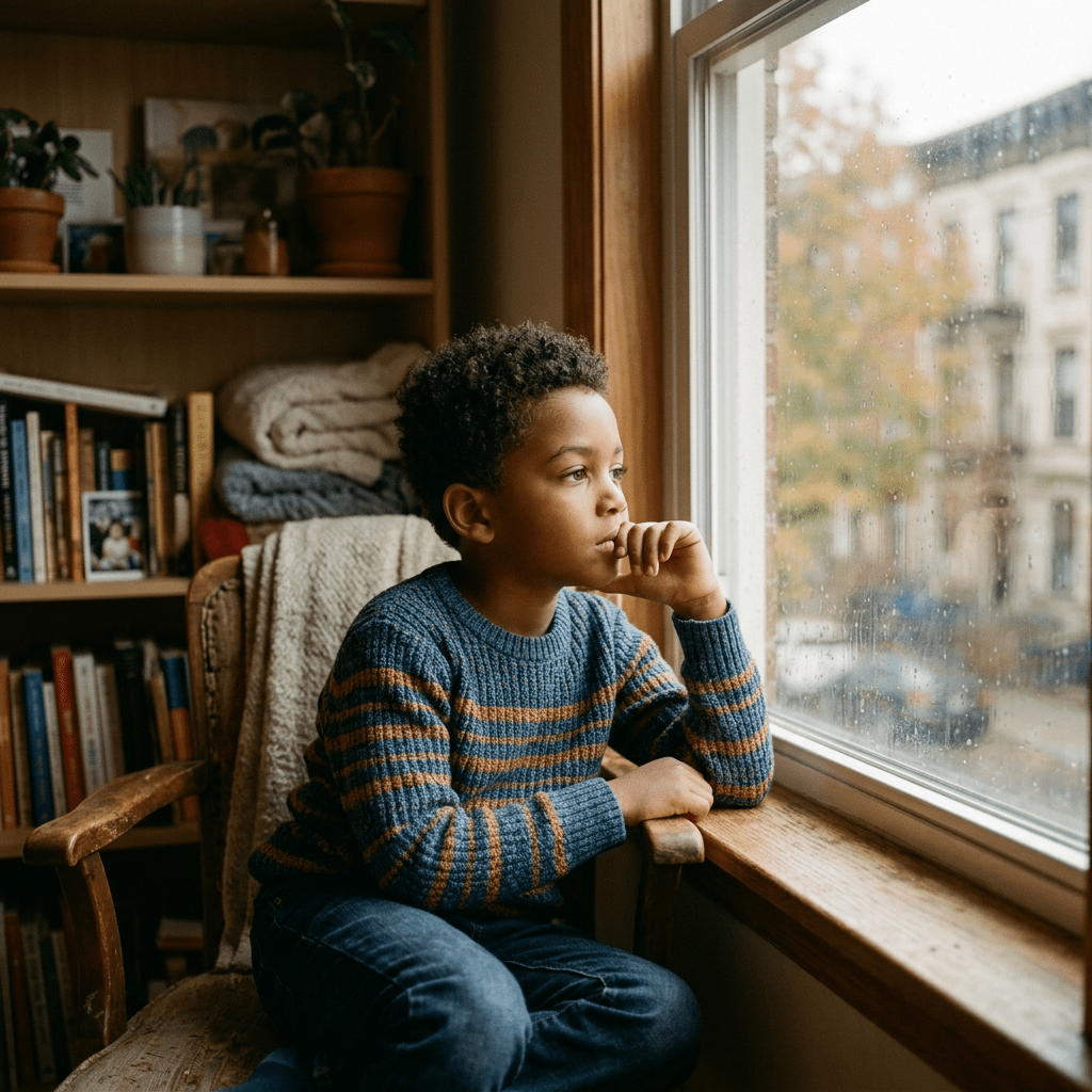 Young boy sitting on chair looking out window on rainy day