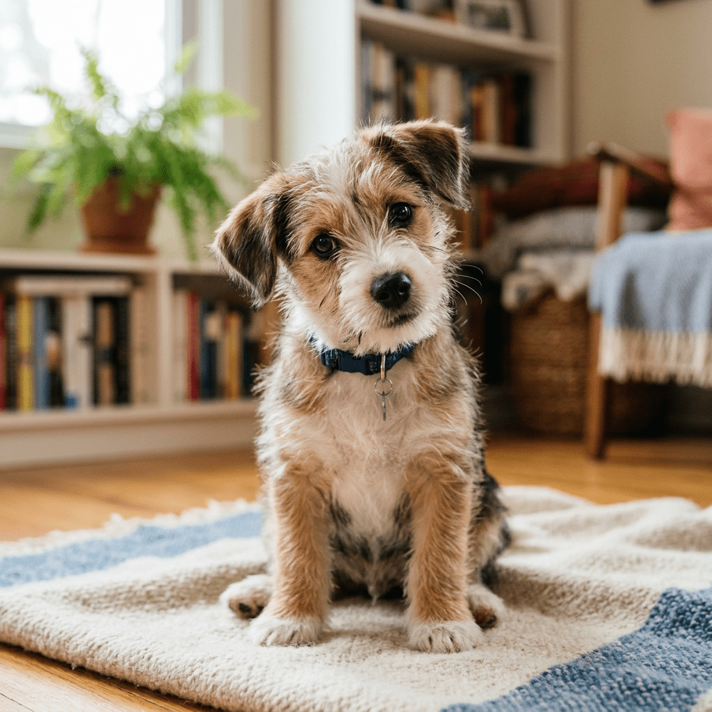 Small fluffy puppy with a blue collar sitting on a rug indoors, head tilted.